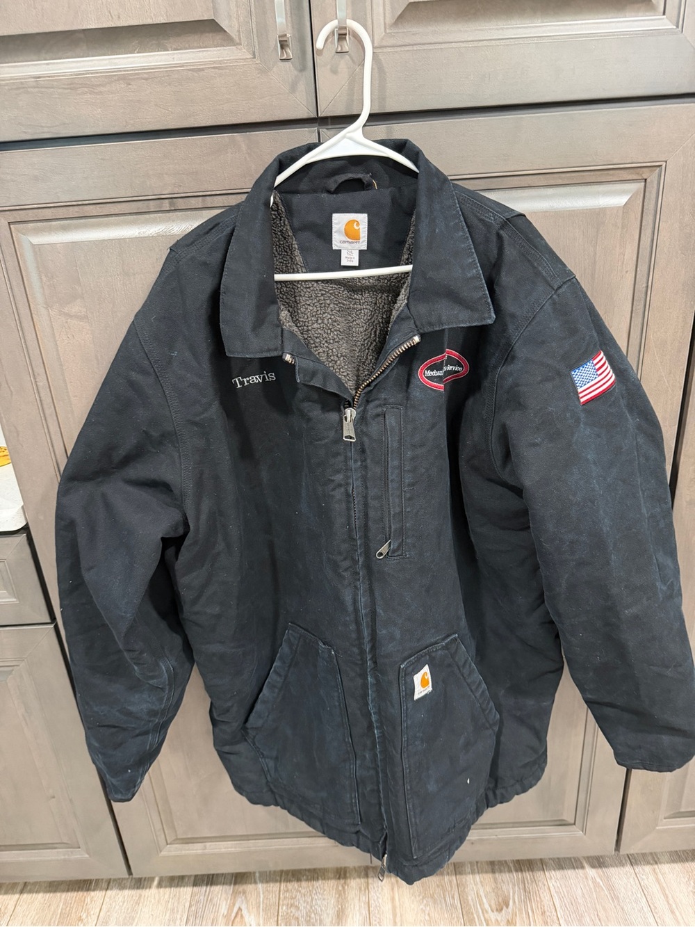 Carhartt Black Sherpa-Lined Work Jacket with American Flag Patch